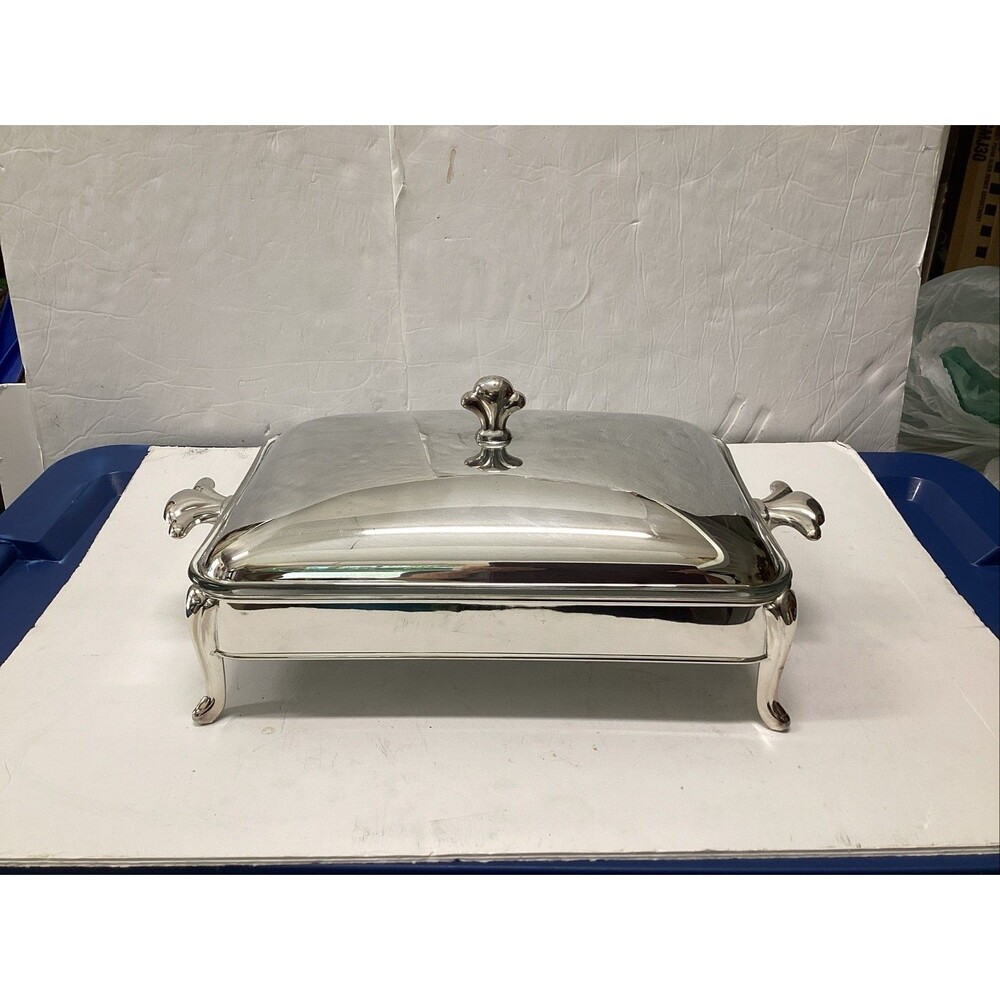 vintage silver plated chafing dish buffet food warmer w/glass insert USA